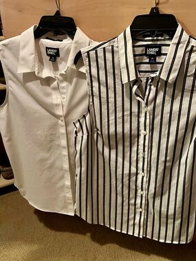 Lands' End White and Black Striped Sleeveless Button-Front Blouses (2)